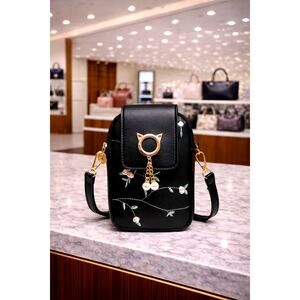 Chic Embroidered Cat Pearls Crossbody Phone Bag Magnetic Closing Black